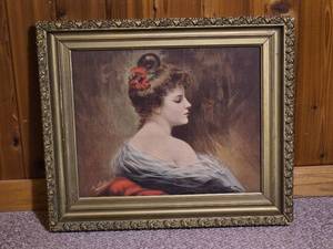 Framed Romantic Portrait Print of Woman in Ornate Gilt Frame