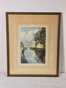 Framed European Canal Scene Print Signed Lower Right