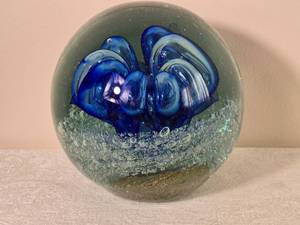 Studio Art Glass Paperweight Blue Swirl Design