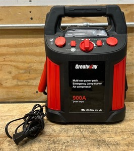 GreatWay Jump Starter with Air Compressor and LED Light, 12 Volts, 900 Peak Amps, Model# GM038C #107527 Msrp $129.99 see description