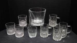 Intricate Glassware Set  Ice Bucket, Mugs & Lowball Glasses