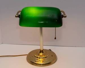 Vintage Bankers Lamp  Brass Base with Green Glass Shade