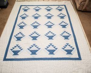 Handmade Blue & White Quilt  Basket Pattern (94 x 107)