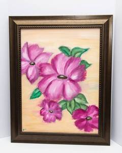 Handpainted Floral Artwork  Pink Flowers on Yellow Background