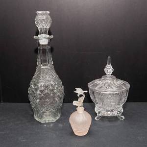 Assorted Decorative Glass Set  Decanter, Lidded Candy Dish & Perfume Bottle