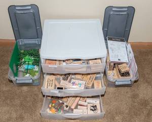 Variety of Rubber Stamps, Craft Supplies & Storage Containers  Themed Lot