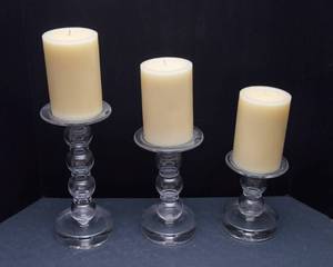 Three Large Glass Pillar Candle Holders and Pillar Candles