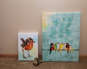 Two Pieces of Bird Artwork and Adorable Bird Figurine
