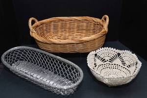 Set of 3 Decorative Baskets  Wicker, Metal & Crocheted