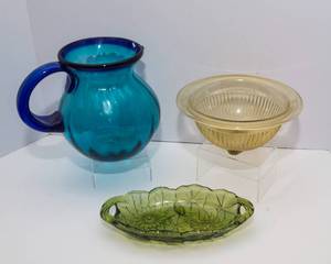 Assorted Colored Glassware Set  Pitcher, Bowl & Dish