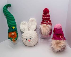 Variety of Handmade Gnomes and Crocheted Bunny