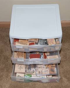 Collection of Rubber Ink Stamps and Storage Container - Friends, Thinking of You, Sympathy, Get Well, Trees, and Leaves