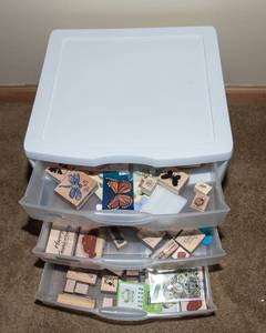Collection of Rubber Ink Stamps and Storage Container - Butterflies, AnniversaryCongrats, and Birds