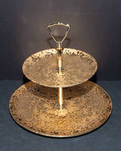 Vintage 22K Weeping Gold Bright 2-Tier Server  Hand Painted