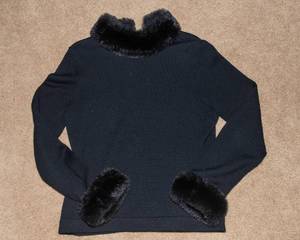 111 State Black Wool Sweater with Faux Trim Collar & Cuffs  Size Large