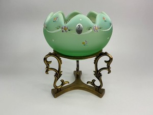 Fenton Dotted Swiss Willow Green Opalescent Satin Rose Glass Bowl with Base Stand