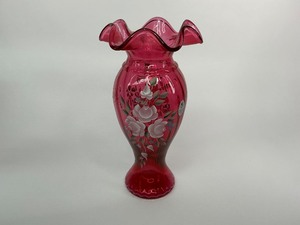 Fenton Ivory Rose Cranberry Glass Ruffled Vase