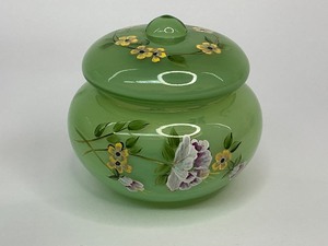 Fenton Green Opalescent Glass Puff Box