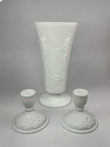 Westmoreland Harvest Grape Milk Glass Vase with Pair of Imperial Doeskin White Glass Candle Holders