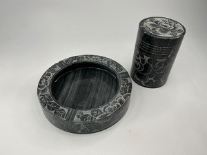 Etched Stone Ashtray and Cigarette Holder