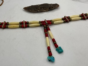 Native American Bone Choker Necklace with Red Accent Beads, and Turquoise Stones  Flint Stone Blade