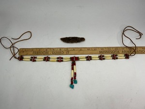 Native American Bone Choker Necklace with Red Accent Beads, and Turquoise Stones  Flint Stone Blade