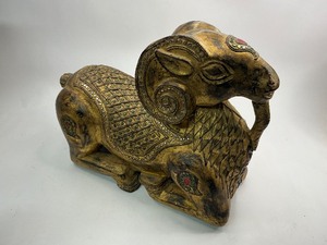 Antique India Gilt Wooden Carved Ram Sculpture