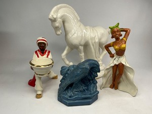 Ceramic Figure Lot - Rookwood Raven Bookend, Dancer Kreiss & Co., Blackamoor -Japan , Trojan Horse