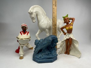 Ceramic Figure Lot - Rookwood Raven Bookend, Dancer Kreiss & Co., Blackamoor -Japan , Trojan Horse