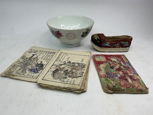 Antique Chinese Embroidered Silk Shoe & Antique Japanese Woodblock Print Books  Chinese Soup Bowl