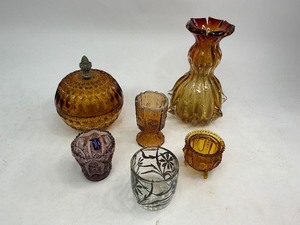 Art Glass Lot - Imperial, Fenton, Degenhart Toothpick Holders, Indiana Candy Dish, Heavy Glass Vase, and Votive