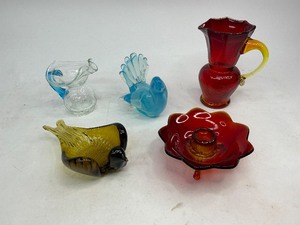 Art Glass Lot - Amberina & Clear Crackle Pitchers, Fenton Amberina Lotus Candle Holder, Glass Birds