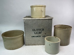 Cloverleaf Milk Box with Four Stoneware Butter Crocks
