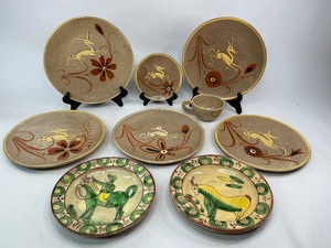 Mid Century Tonala Leaping Gazelle Pottery  Romanian Folk Art Plates