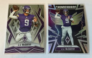 (2) JJ McCarthy Cards 2025 Phoenix #38 and Thunderbirds Insert #33 Minnesota Vikings Football Cards