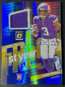 Jordan Addison 2023 Optic 1st Year Fresh Rookie Swatch Minnesota Vikings Football Card No. FYF-JA