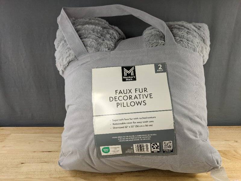 Members Mark Faux Fur Decorative Gray Pillows 22 x 22, Set of 2 - Brand New