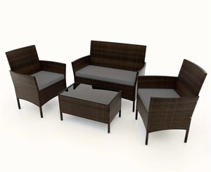 4 Piece Outdoor Patio Furniture Set with Gray Cushions and Tempered Glass Coffee Table, $799 Retail - Brand New