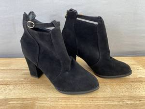 Suede-Like Black Ankle Boots with Side Zip and Strap, Womens 7