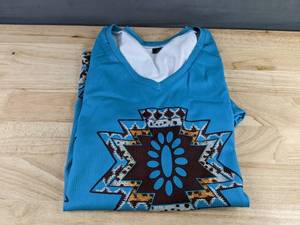 Womens V-Neck Long Sleeve Top - Turquoise Blue Tribal Print with Brown Accents - Size Medium - Brand New