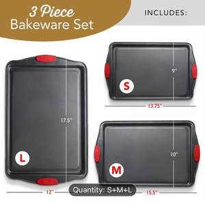 3-Piece Bakeware Pan Set - Carbon Steel Nonstick with Red Silicone Handles - Brand New