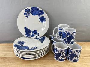 Blue & White Floral Dinnerware Set - 8 Plates & 8 Coffee Cups - Brand New