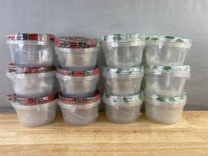 12 Plastic Bowls with holiday plaid lids - Brand New