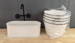 4 White Round Hanging Planters and Cute Sink Faucet Planter - Brand New