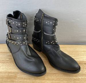 Womens Studded Buckle & Chain Ankle Boots Size 10.5 Black - Brand New