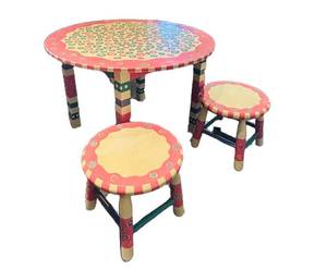 LL - Whimsical Painted Round Play Table Set with 2 Stools