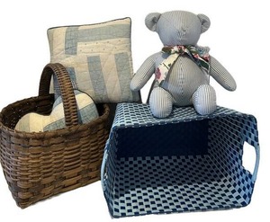 LL - Striped Teddy Bear with Patchwork Pillows & Woven Baskets - Nursery Decor Set