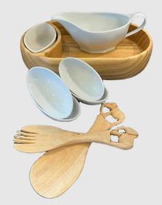 K - Wooden Condiment Tray Set with Dip Bowls, Gravy Boat & Wooden Spoons