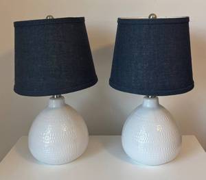 UB1-Pair of White Ceramic Lamps with Navy Fabric Shades