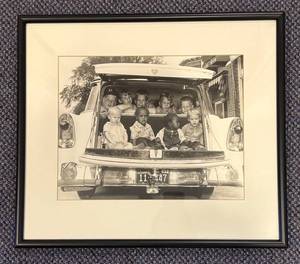 LL - Vintage Black & White Family Car Backseat Photo